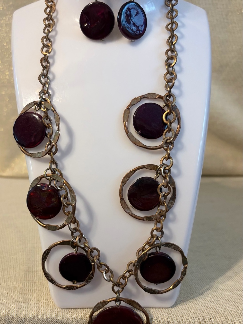 Gold-Tone Chain Necklace and Earring Set with Deep Plum Discs